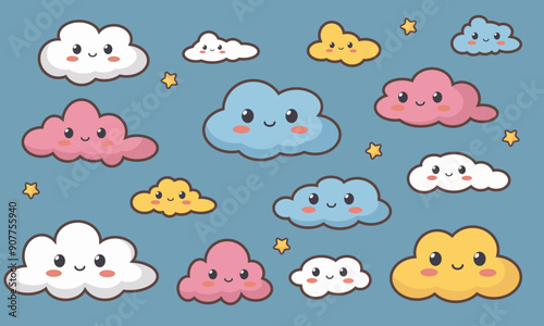 Set of colorful clouds on a blue background in kawaii style