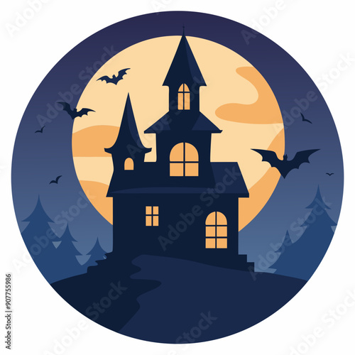 A spooky haunted house with glowing windows and bats