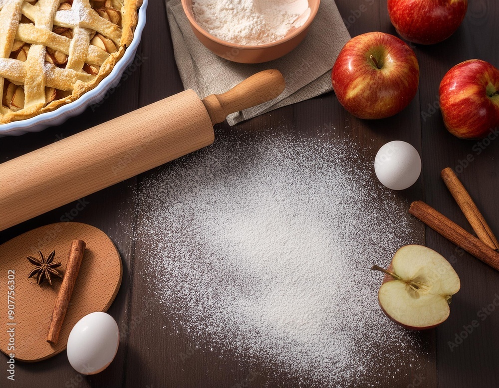 A kitchen scene with an apple pie, rolling pin, and flour-dusted counter A kitchen scene with an apple pie, rolling pin, and flour-dusted counter