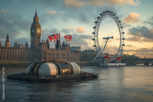 ferris wheel and Westminster in London during the blue hour.