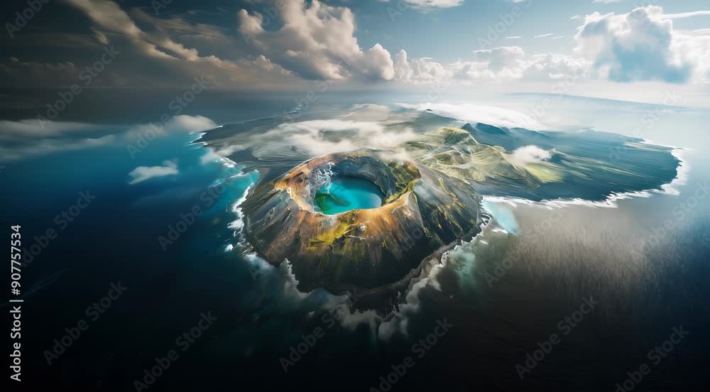 Aerial view of a volcanic island with a prominent crater lake surrounded by dramatic landscapes and bordered by ocean waters, under a partly cloudy sky.