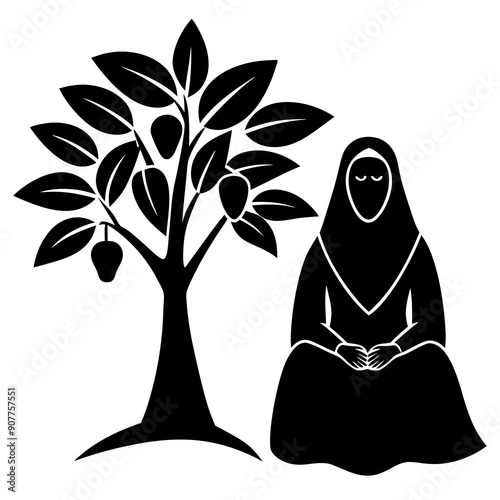 saudian arabic women wearing full black niqab sitting under huge cacao tree full of cacao fruits.