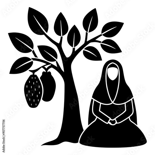 saudian arabic women wearing full black niqab sitting under huge cacao tree full of cacao fruits.