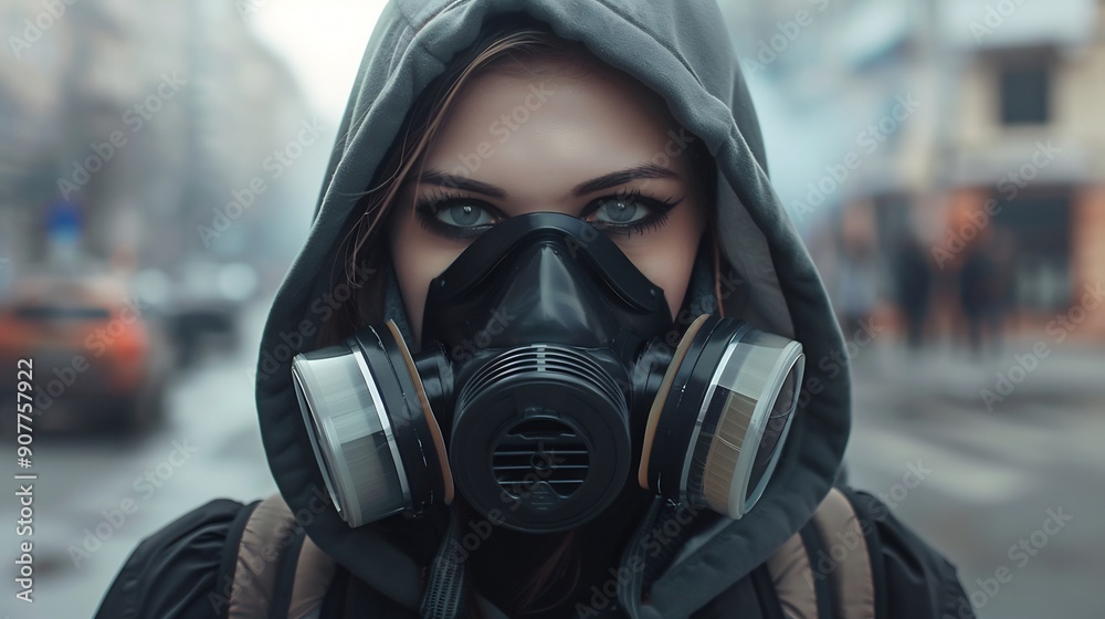 Beautiful woman in Cyberpunk style hoodie and gas mask Beautiful woman in Cyberpunk style hoodie and gas mask