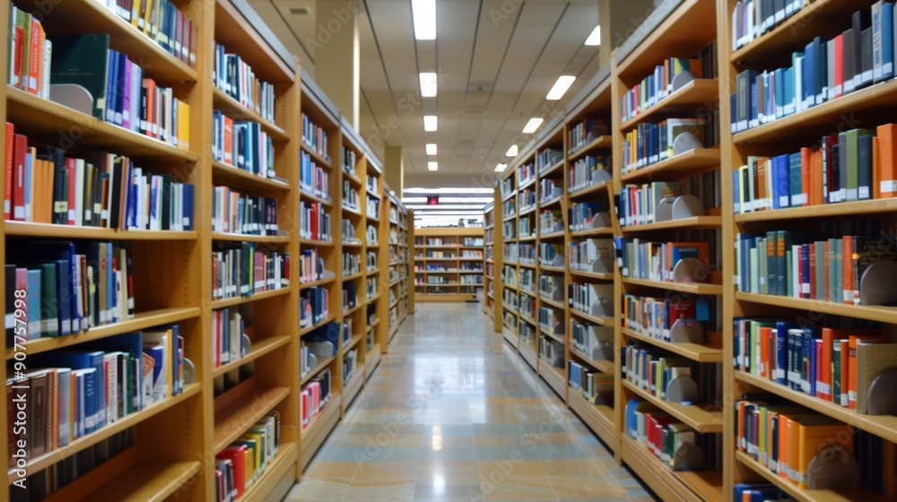 Blurred bookshelves in a library. Blurred bookshelves in a library.