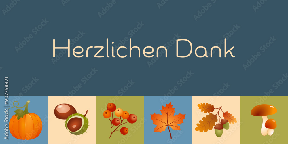 Herzlichen Dank - Schriftzug in deutscher Sprache. Herbstliche Karte mit Ahornblatt, Kürbis, Beeren, Kastanien, Eicheln und Pilzen. Herzlichen Dank - Schriftzug in deutscher Sprache. Herbstliche Karte mit Ahornblatt, Kürbis, Beeren, Kastanien, Eicheln und Pilzen.