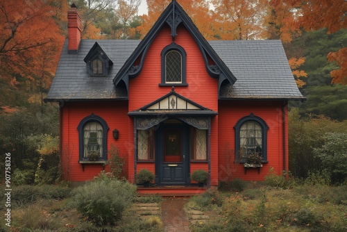 Old red house with ivy in the middle of the garden.