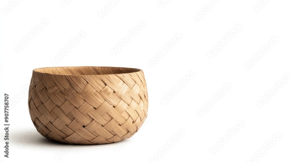 A craftsman's basket made from natural reeds. It has a simple design. Isolated on a pure white background, highlighting the texture. A craftsman's basket made from natural reeds. It has a simple design. Isolated on a pure white background, highlighting the texture.