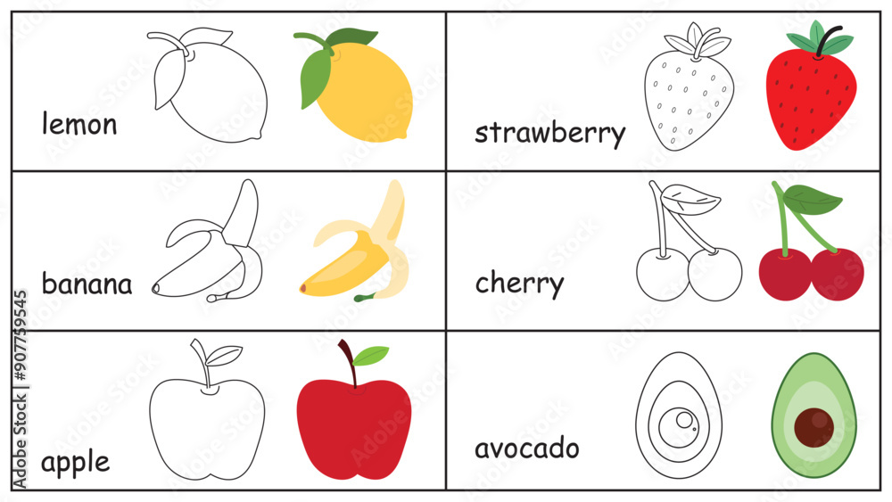 fruit icon Colorful and Line Art apple, strawberry, banana, avocado,cherry, lemon, suitabel for coloring book for kids preschool fruit icon Colorful and Line Art apple, strawberry, banana, avocado,cherry, lemon, suitabel for coloring book for kids preschool