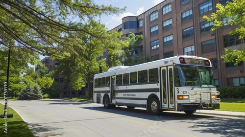White Bus Driving Past Brick Building.