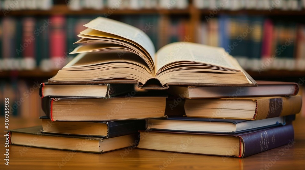 Open Book on a Stack of Books in a Library. Open Book on a Stack of Books in a Library.