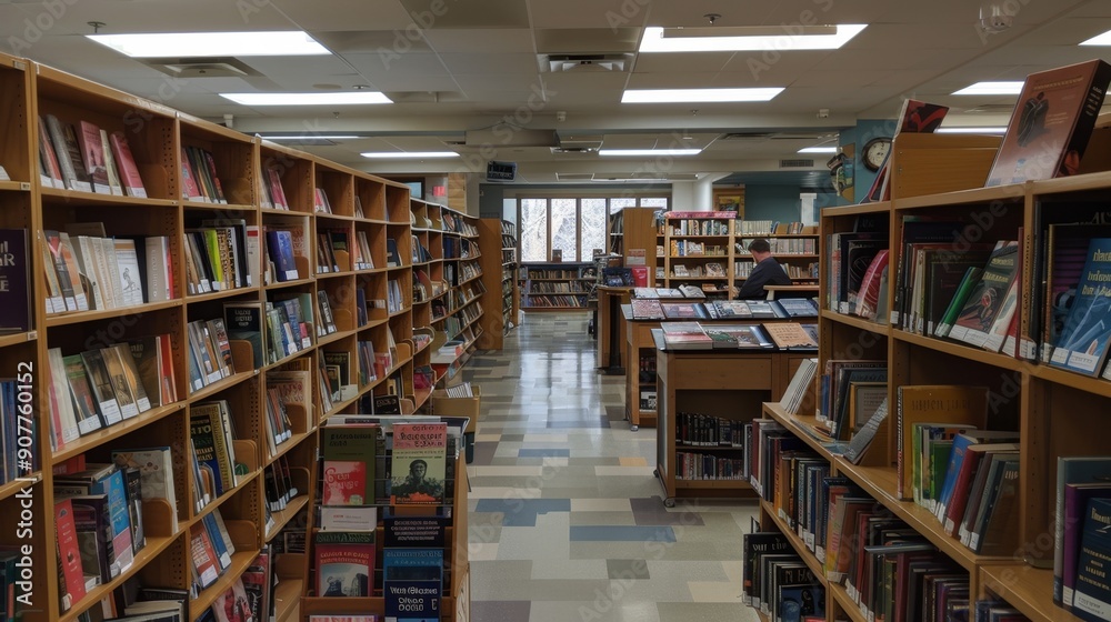 Bookshelves in a library. Bookshelves in a library.