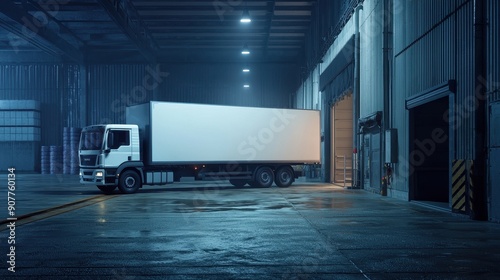 A cargo truck parked inside a large warehouse at night, representing logistics, freight loading, and 24/7 transportation. Ideal for concepts of supply chain and nighttime logistics management.