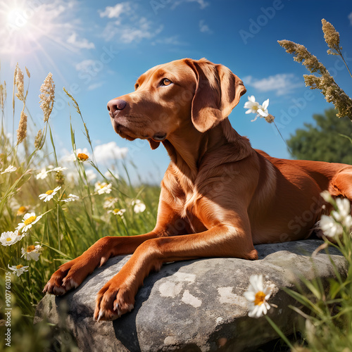 The dog of the Hungarian breed vyzhla lies on a stone near the flowers