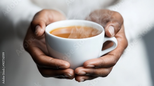 A person is holding a white coffee cup with steam coming out of it