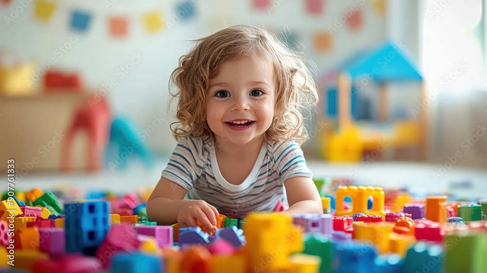Happy children play with colorful toys in a bright and cheerful playroom. Happy children play with colorful toys in a bright and cheerful playroom.