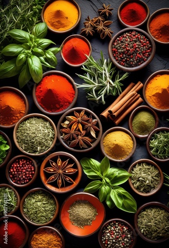 vibrant assortment freshly displayed herbs spices artfully arranged rustic stone surface, basil, parsley, cilantro, rosemary, thyme, oregano, dill