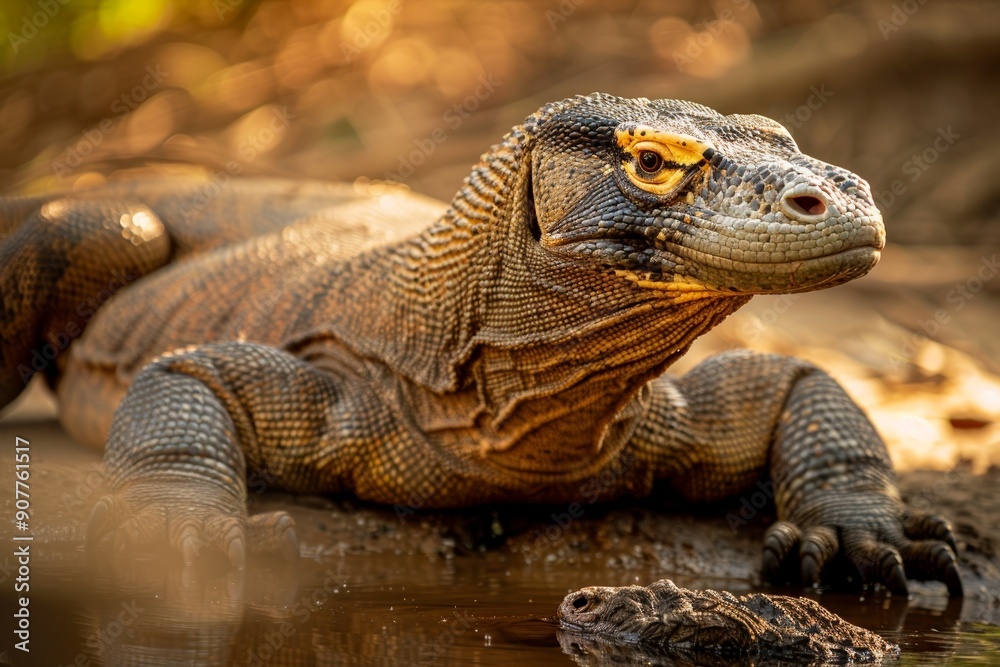A photo of a Komodo dragon resting near a waterhole in the afternoon A photo of a Komodo dragon resting near a waterhole in the afternoon