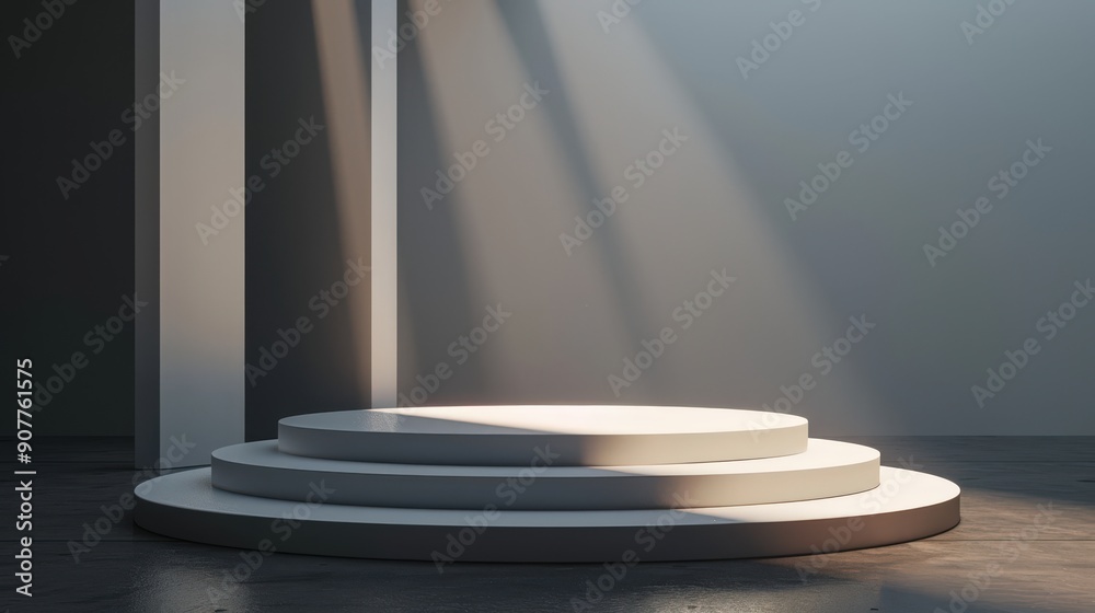 A white pedestal with three steps is lit by sunlight A white pedestal with three steps is lit by sunlight