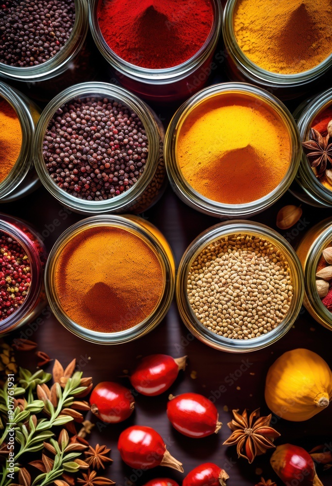 detailed view rare spices displayed elegant jars highlighting unique arrangements culinary enthusiasts, color, texture, herbs, seasoning, aroma, design detailed view rare spices displayed elegant jars highlighting unique arrangements culinary enthusiasts, color, texture, herbs, seasoning, aroma, design
