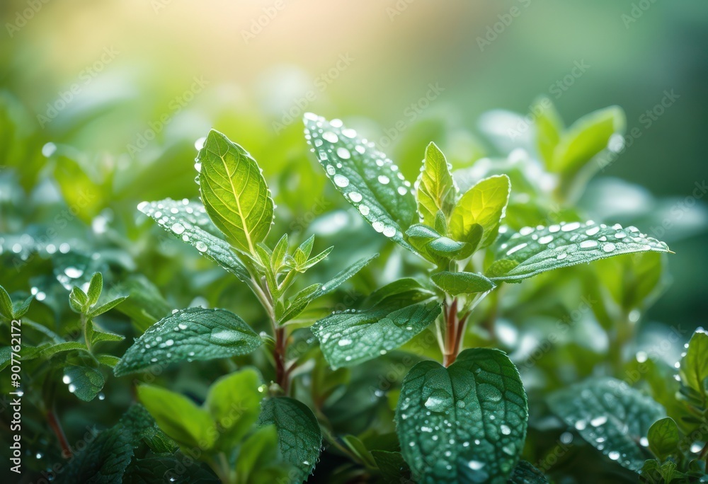 enchanting misty garden filled fragrant herbs lush greenery under soft morning light, fragrance, plants, flowers, landscape, aroma, dew, sunlight, foliage
