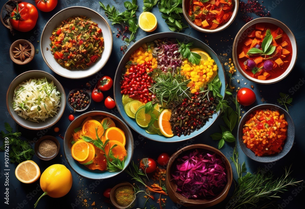 vibrant top down view showcasing dynamic food elements rich colors intricate details captivating culinary experience, ingredients, textures, patterns vibrant top down view showcasing dynamic food elements rich colors intricate details captivating culinary experience, ingredients, textures, patterns