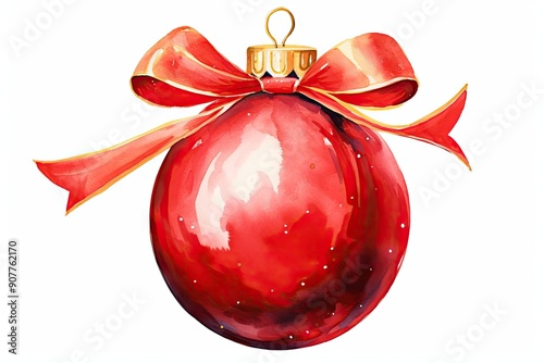 Christmas ball ribbon red white background. photo