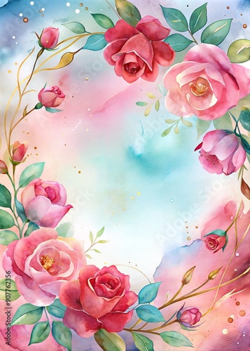 Beautiful watercolor floral arrangement with roses on a soft blue and pink background