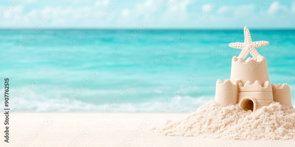 Sandcastle with starfish on beach with turquoise water. Concept: summer, vacation. Business use: travel, tourism. Relevant holiday: summer vacation. Commercial interest: beach resorts, holiday destina Sandcastle with starfish on beach with turquoise water. Concept: summer, vacation. Business use: travel, tourism. Relevant holiday: summer vacation. Commercial interest: beach resorts, holiday destina