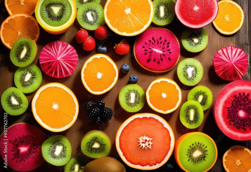 colorful display freshly cut fruit slices artfully arranged wooden surface showcasing variety shapes textures, arrangement, kiwi, orange, apple, banana colorful display freshly cut fruit slices artfully arranged wooden surface showcasing variety shapes textures, arrangement, kiwi, orange, apple, banana