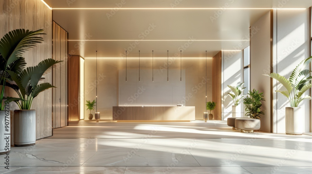 Fototapeta premium A large open lobby with a white wall and a large window