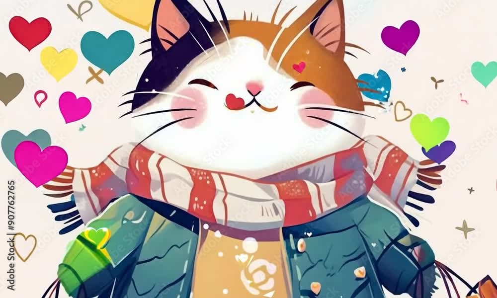 A cat wearing a scarf and holding shopping bags. The cat is smiling and surrounded by hearts. Concept of joy and warmth, possibly related to the holiday season or a celebration A cat wearing a scarf and holding shopping bags. The cat is smiling and surrounded by hearts. Concept of joy and warmth, possibly related to the holiday season or a celebration