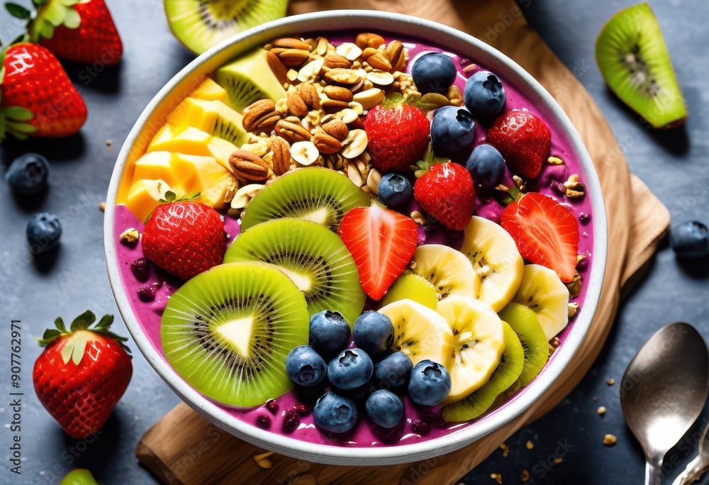vibrant eye view colorful smoothie bowl featuring fresh nuts artfully arranged stunning visual presentation, fruit, granola, berries, banana, kiwi, mango vibrant eye view colorful smoothie bowl featuring fresh nuts artfully arranged stunning visual presentation, fruit, granola, berries, banana, kiwi, mango