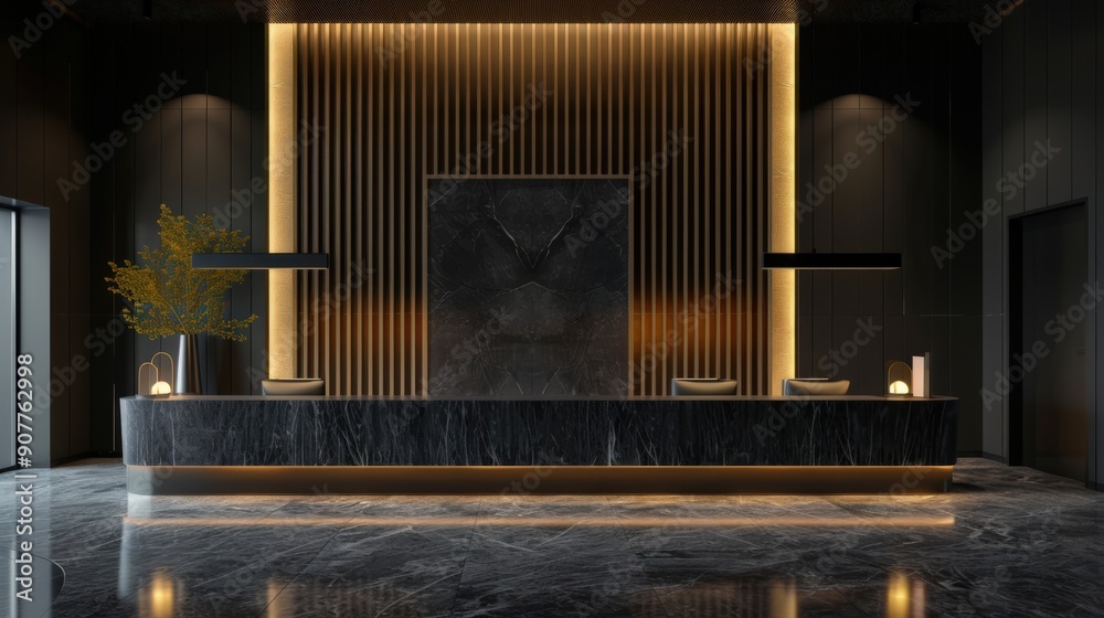 A black and white lobby with a black marble counter and a black wall A black and white lobby with a black marble counter and a black wall
