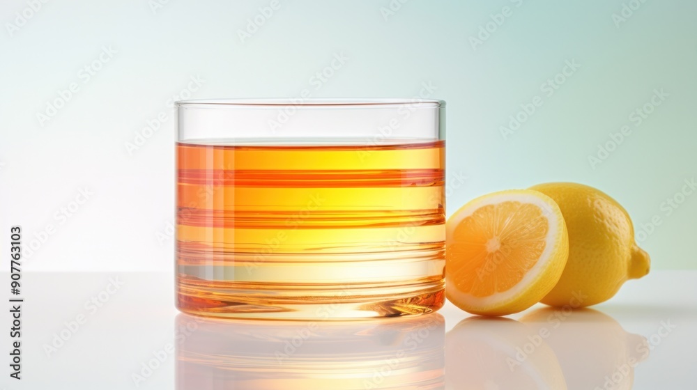 A glass of honey lemon water with a colorful ombre effect A glass of honey lemon water with a colorful ombre effect