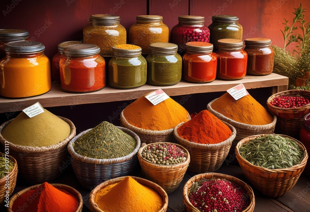 vibrant collection distinctive spices herbs displayed colorful jars baskets, aromatic, blend, cuisine, culinary, decor, dried, essence, exotic, flavor vibrant collection distinctive spices herbs displayed colorful jars baskets, aromatic, blend, cuisine, culinary, decor, dried, essence, exotic, flavor