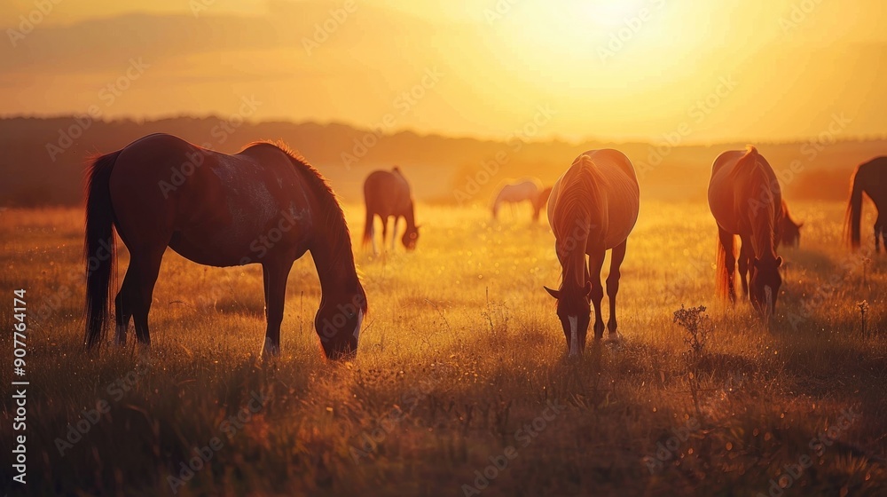 Fototapeta premium A group of horses grazing together in a tranquil pasture, their silhouettes forming a harmonious composition against the golden sunset.