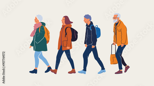 Four diverse people walking side side, age progression young adult elderly depicted, person dressed seasonal clothing, carrying bags, showcasing generational fashion styles. Casual modern attire