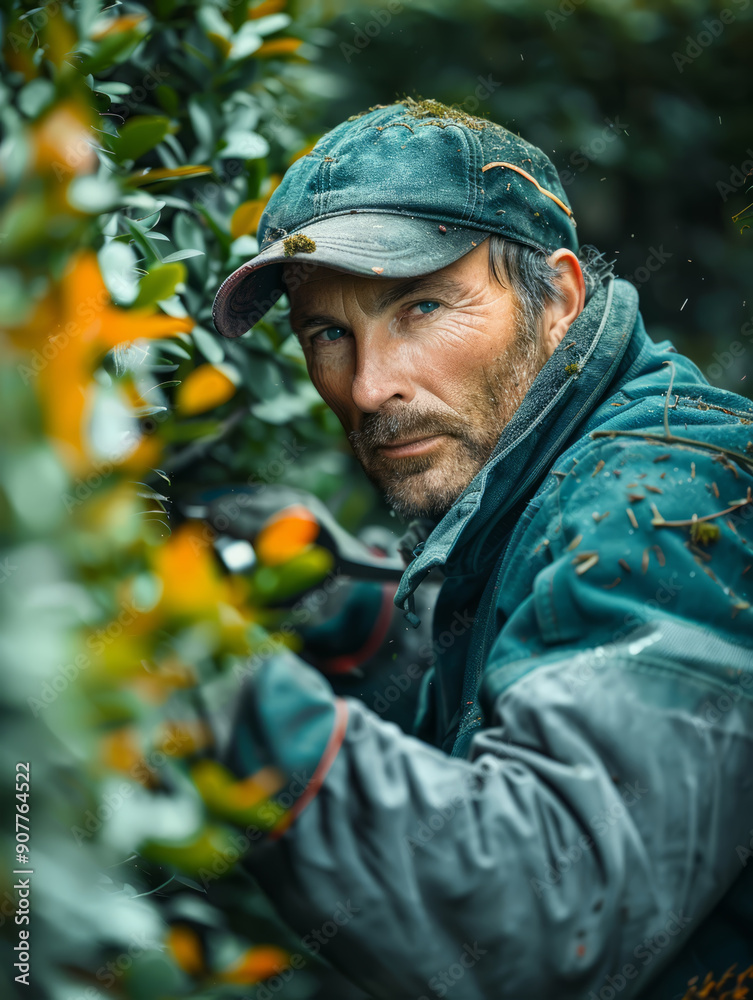 A gardener pruning a hedge with shears, focusing on the shaping and maintenance of outdoor spaces. A gardener pruning a hedge with shears, focusing on the shaping and maintenance of outdoor spaces.