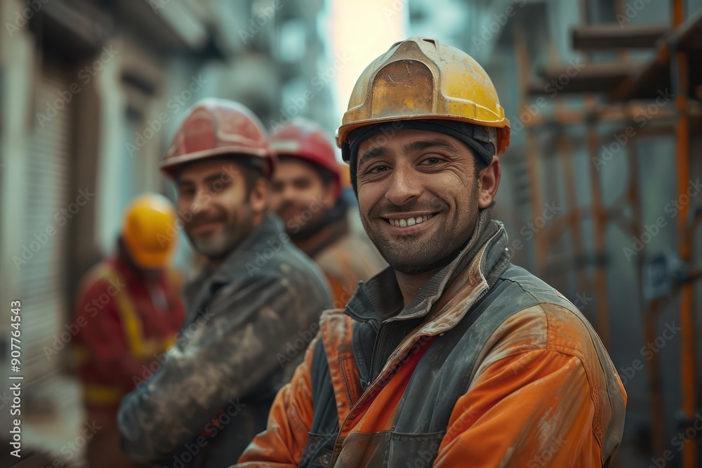 Portrait of smiling group of four construction workers in a small construction site, hyper realistic Portrait of smiling group of four construction workers in a small construction site, hyper realistic