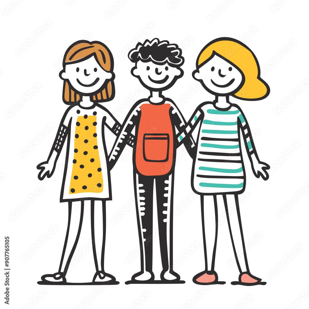 Three children standing together, smiling, happy, arms around other, friendship, casual outfits, simple drawing style, isolated white background. Kids holding hands, cheerful, diverse, stick figure Three children standing together, smiling, happy, arms around other, friendship, casual outfits, simple drawing style, isolated white background. Kids holding hands, cheerful, diverse, stick figure