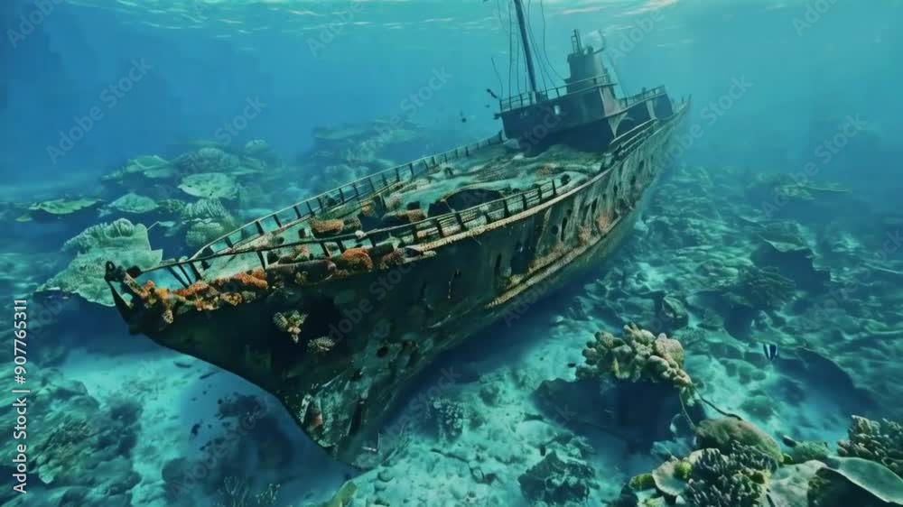 Old Sunken Ship Resting Among Reefs in Submerged Ocean Waters HD 4K Video Clip Old Sunken Ship Resting Among Reefs in Submerged Ocean Waters HD 4K Video Clip
