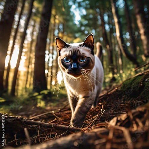 A worm's eye view extreme wide shot of a Siamese cat exploring a dense forest