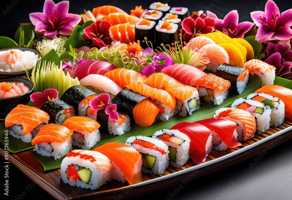 visually striking sushi platter featuring vibrant colors artful presentation various sushi types garnishes, seafood, fish, tuna, salmon, rolls, wasabi visually striking sushi platter featuring vibrant colors artful presentation various sushi types garnishes, seafood, fish, tuna, salmon, rolls, wasabi