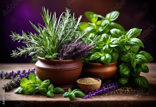 lush arrangement fragrant herbs cascading across rich backdrop vibrant colors, plant, plants, foliage, green, leaf, leaves, aroma, garden, botanical © Yaroslava