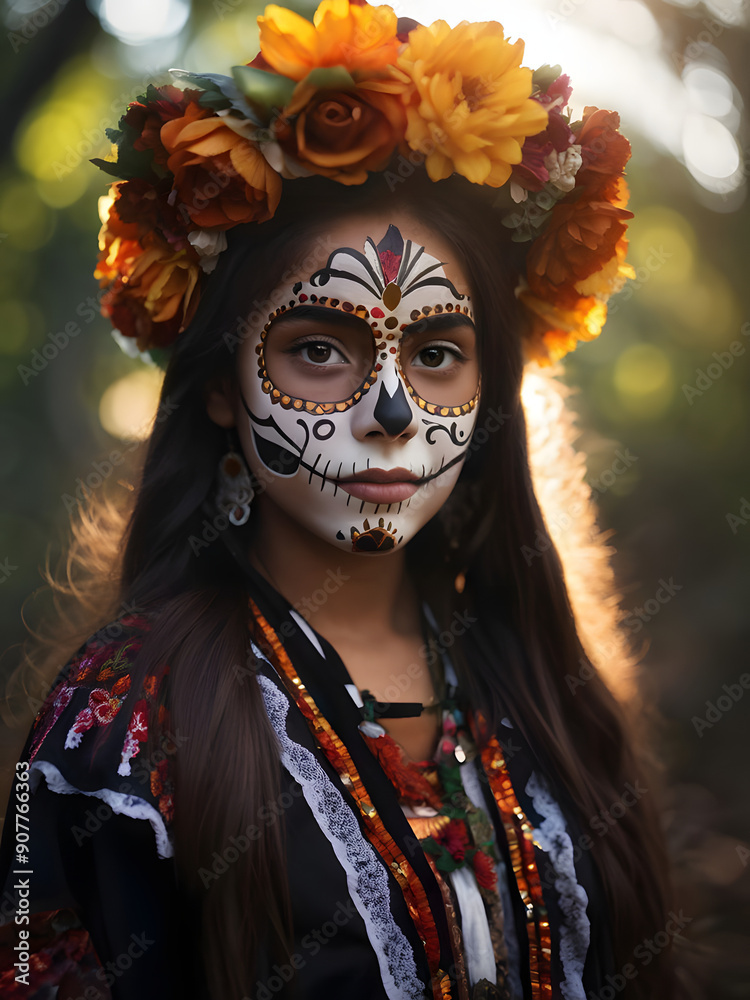 Close-up of Teenage Girl with Dark Hair in Day of the Dead Makeup in Forest with Backlighting and Beautiful Bokeh Close-up of Teenage Girl with Dark Hair in Day of the Dead Makeup in Forest with Backlighting and Beautiful Bokeh