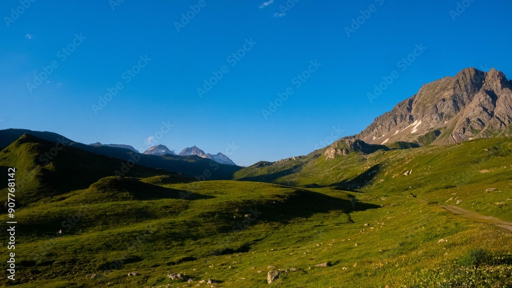 Fototapeta premium Lush green mountains under a blue sky on a sunny day in Riale, Verbano-Cusio-Ossola, Italy