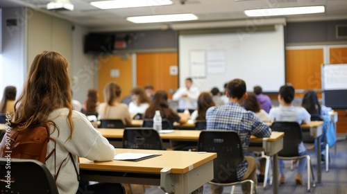 Young Woman in Classroom, Back View.