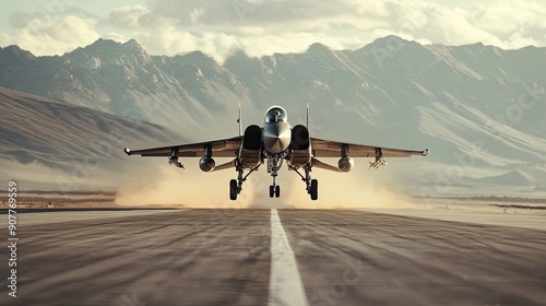 Military Jet Taking Off on a Runway with Mountain Range in the Background photo