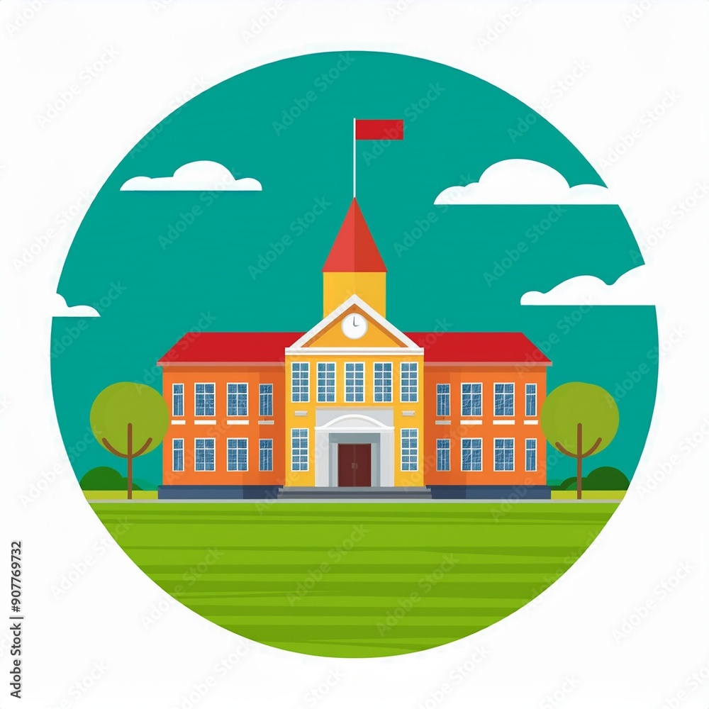 School with a green lawn. Icon. Flat vector illustration isolated on white background. School with a green lawn. Icon. Flat vector illustration isolated on white background.